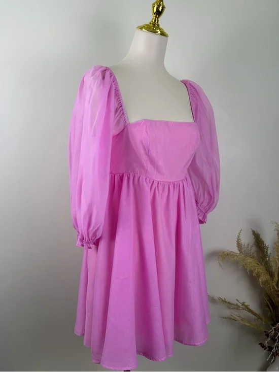 FORE Pink Puff Sleeve Mini Dress Women's Size Medium Square Neck Cottagecore - Picture 3 of 10